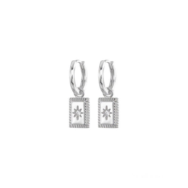 Sterling Silver Hoop Rectangle Star Charm Drop - Silver