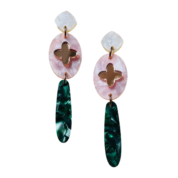 Trinket Drop Earrings - Rose & Deep Green