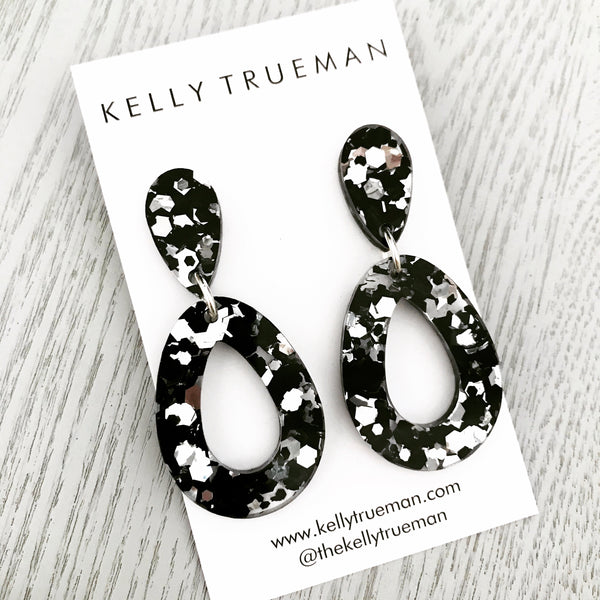 Open Tear Drop Earrings - Black & Silver