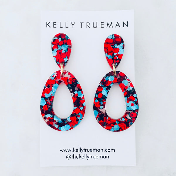 Open Tear Drop Earrings - Turquoise & Red