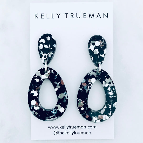 Open Tear Drop Earrings - Black & Silver