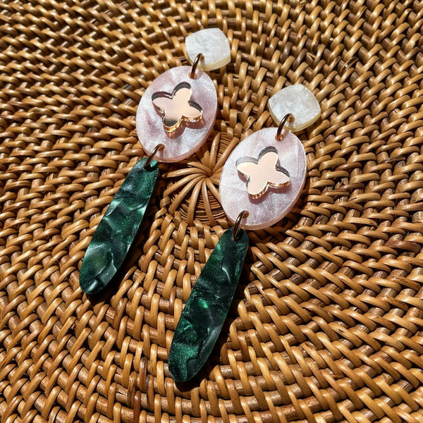 Trinket Drop Earrings - Rose & Deep Green