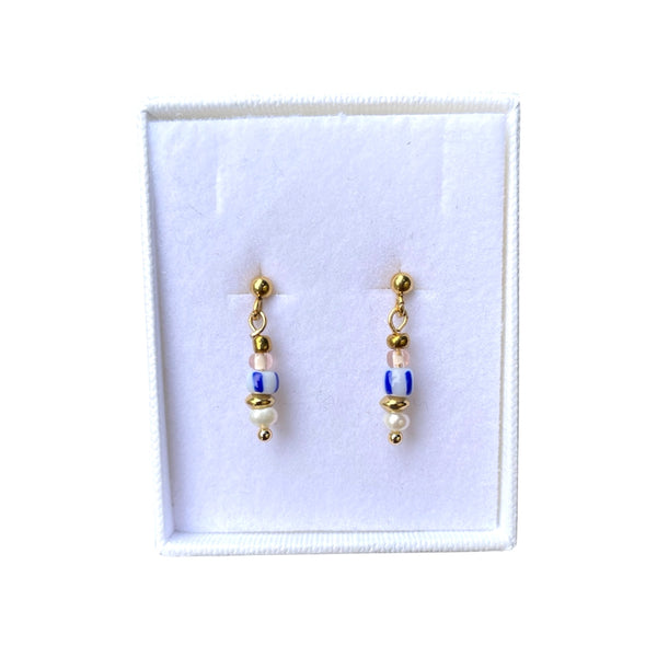 Beaded Drop Earrings - Blue Stripe