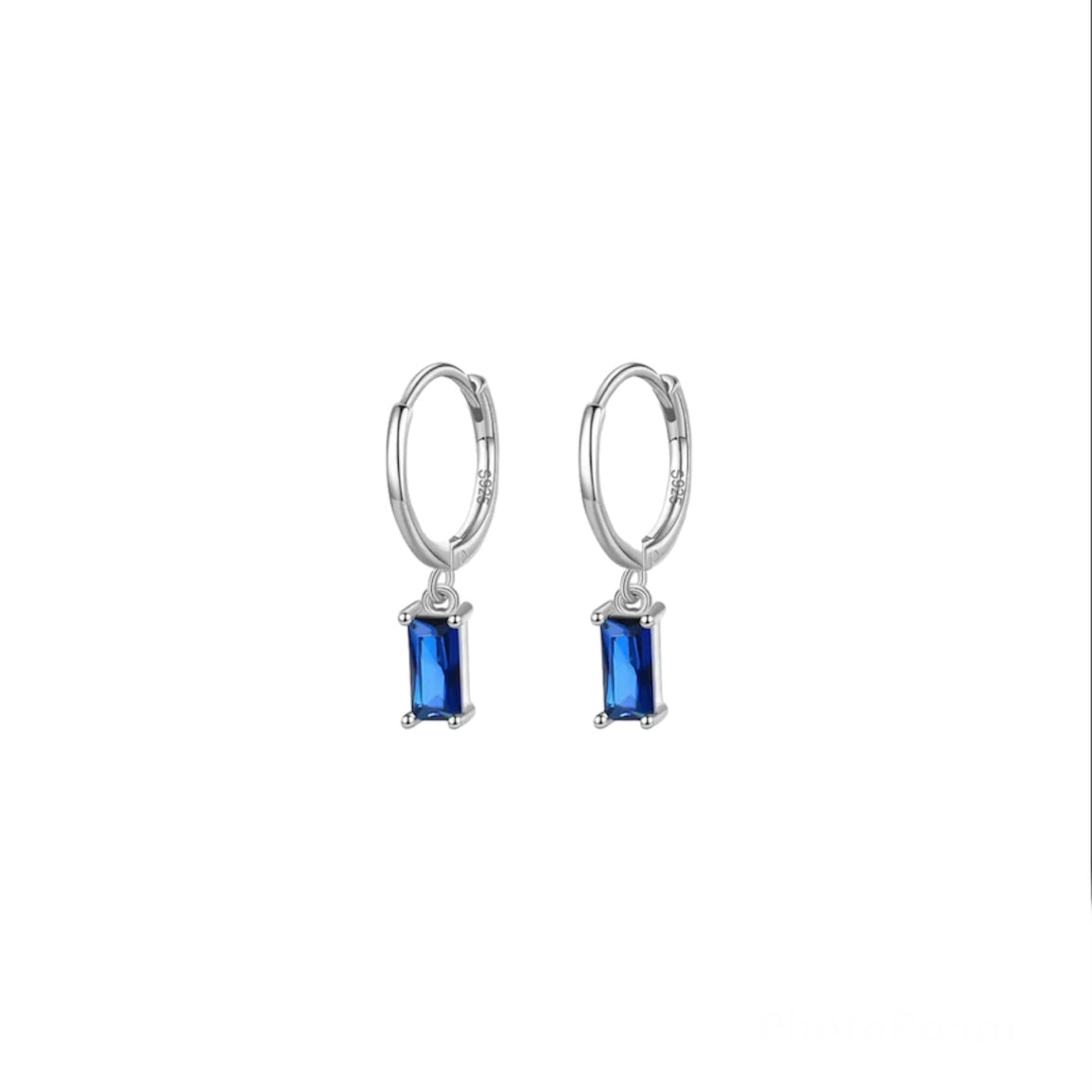 Sterling Silver Hoop Baguette Charm Drop - Sapphire/Silver