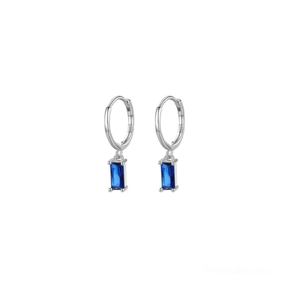 Sterling Silver Hoop Baguette Charm Drop - Sapphire/Silver