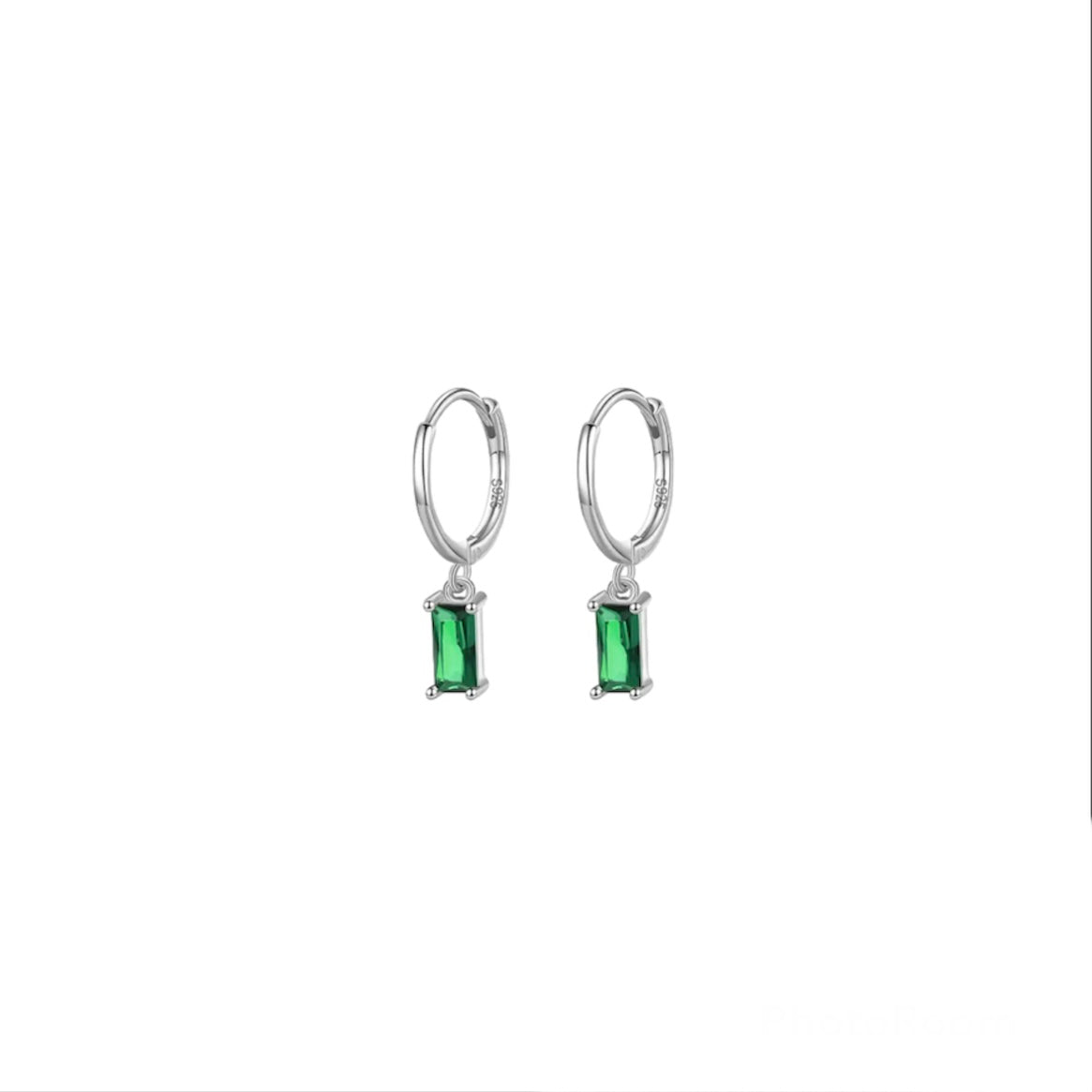 Sterling Silver Hoop Baguette Charm Drop - Emerald/Silver