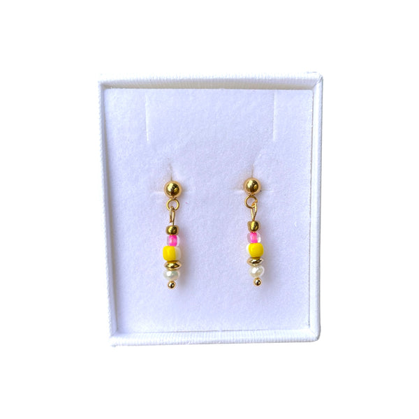 Beaded Drop Earrings - Pink & Yellow