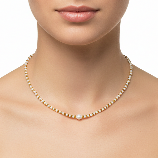 Beaded Necklace - Gold & Cream #2
