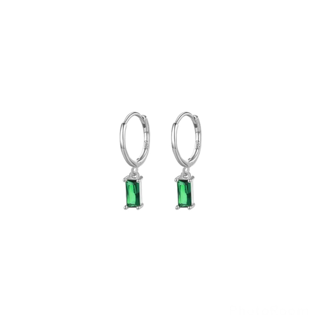 Sterling Silver Hoop Baguette Charm Drop - Emerald/Silver