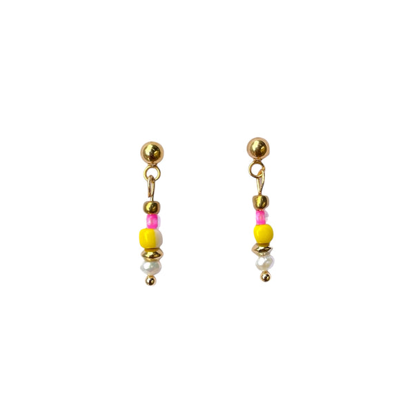 Beaded Drop Earrings - Pink & Yellow