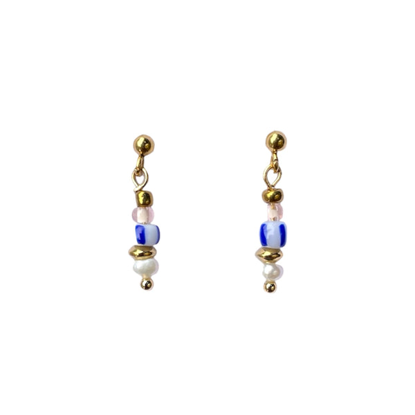 Beaded Drop Earrings - Blue Stripe