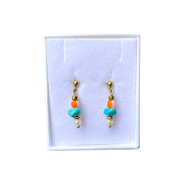 Beaded Drop Earrings - Turquoise & Orange Stripe