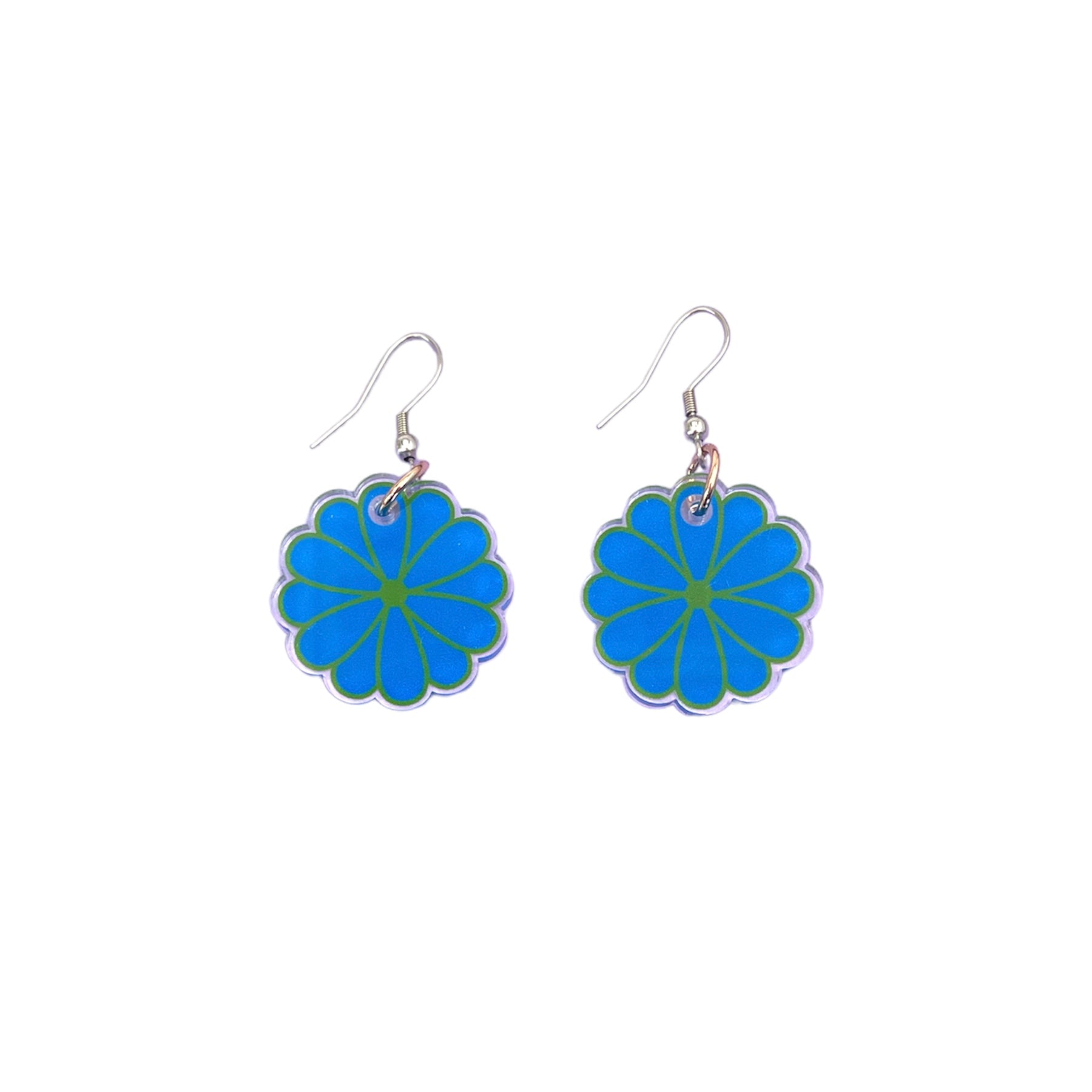 CLEARANCE - Pom Pom Flower Drop Earrings Blue & Green