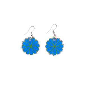 CLEARANCE - Pom Pom Flower Drop Earrings Blue & Green