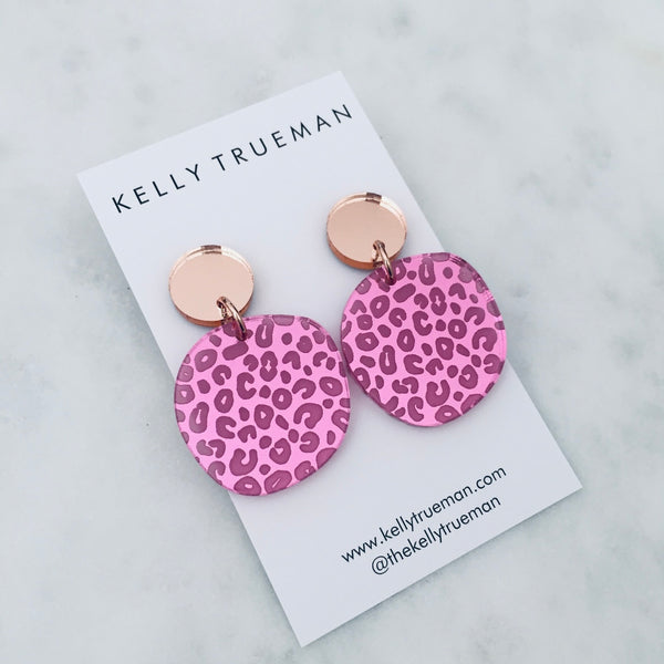 Leopard Print Drop Earrings - Pink & Rose