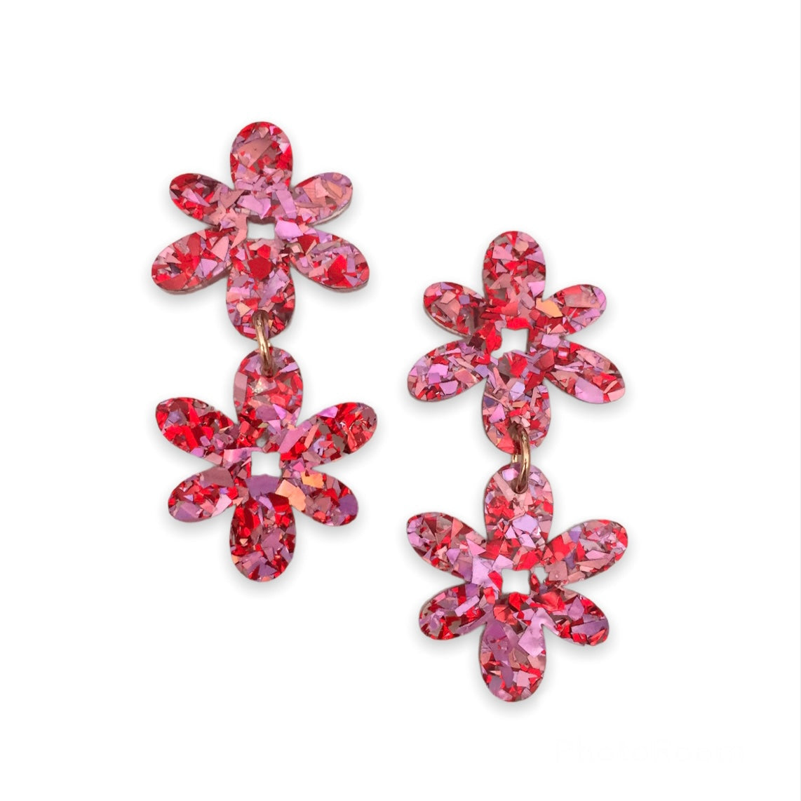 Bloom Drop Earrings - Red & Pink Glitter